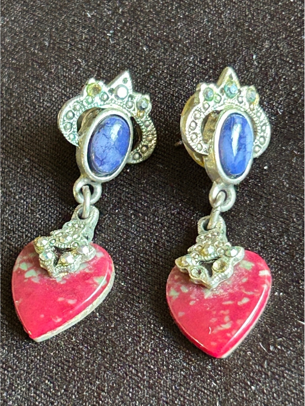 Vintage Style Heart and Blue Stone Dangle Earrings
